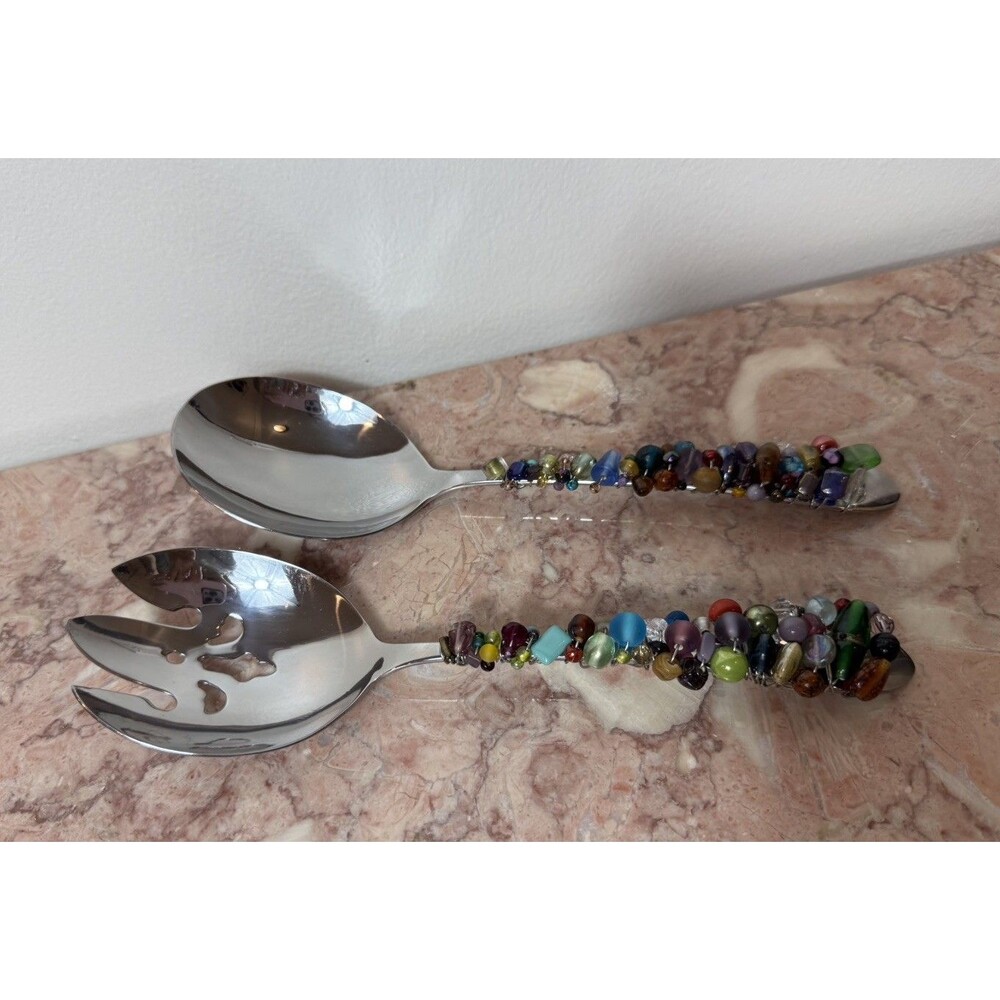 Vintage Salad Fork And Spoon. Multi colored Beaded, Thanksgiving, serving